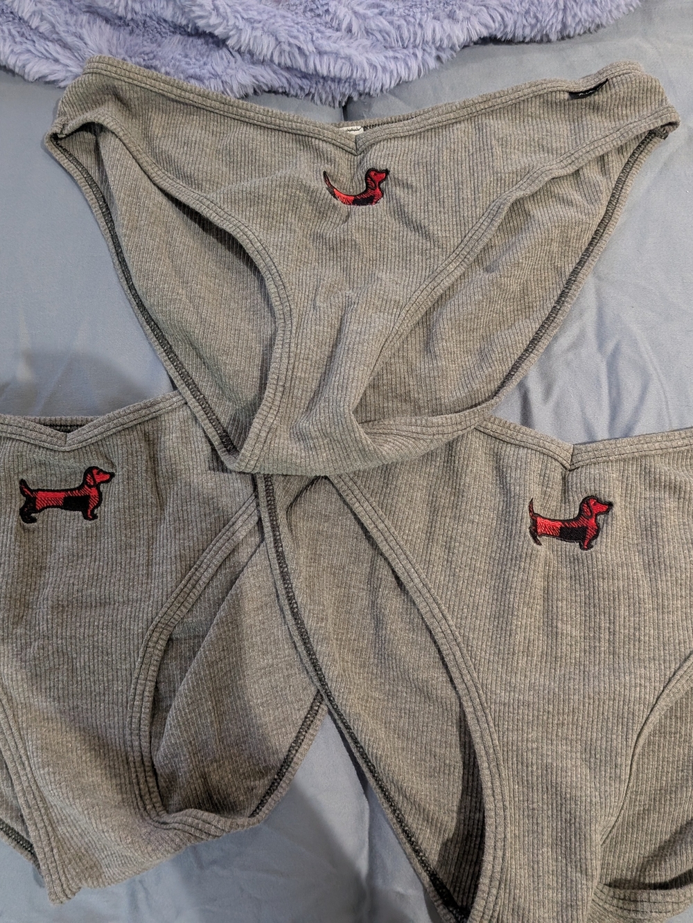 PINK Victoria's Secret Gray Ribbed Panties with Red Dachshund Embroidery x3